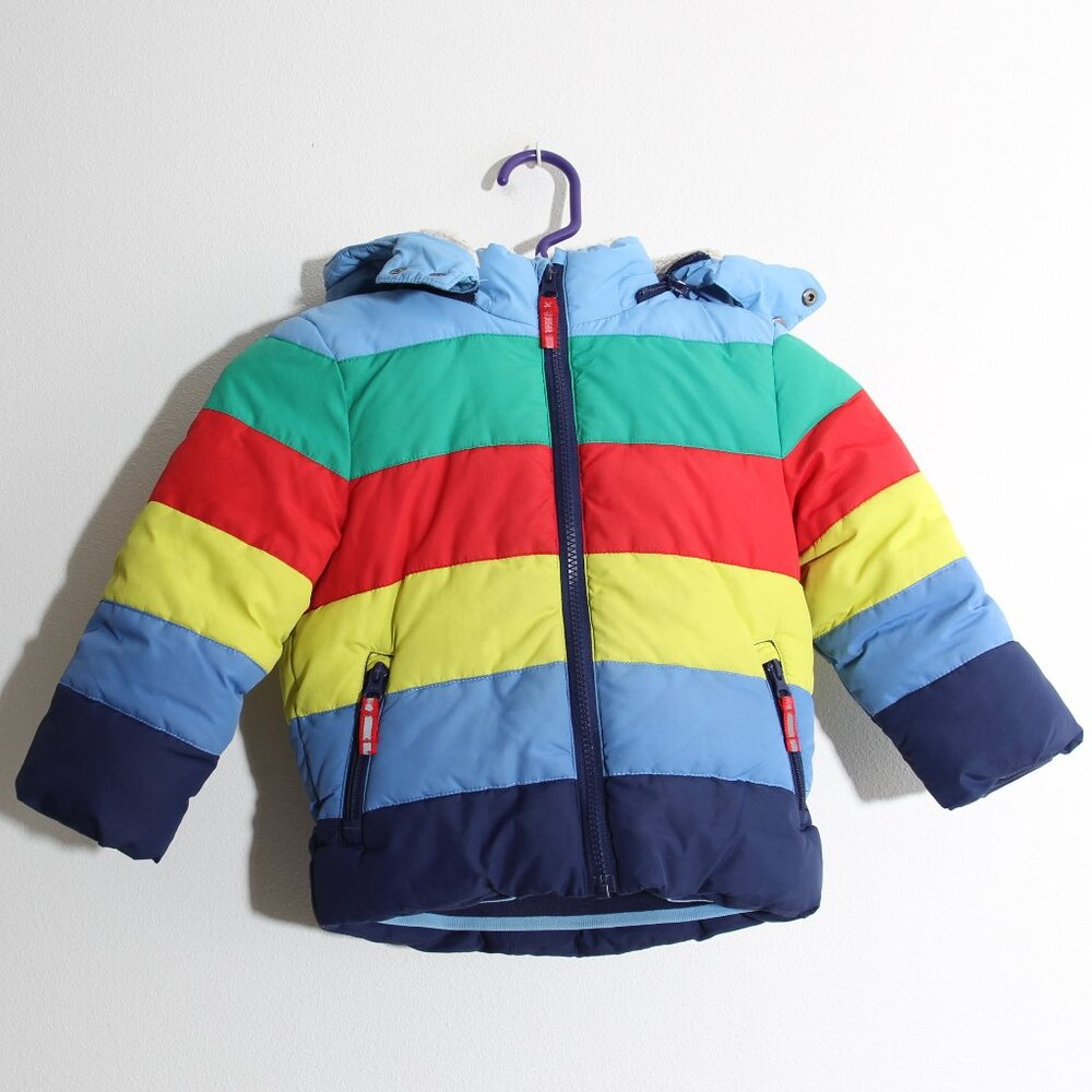 Mini Boden Kids' Stripe Waterproof Puffer Jacket Multi Rainbow Full Zip 2-3Y - Picture 2 of 15